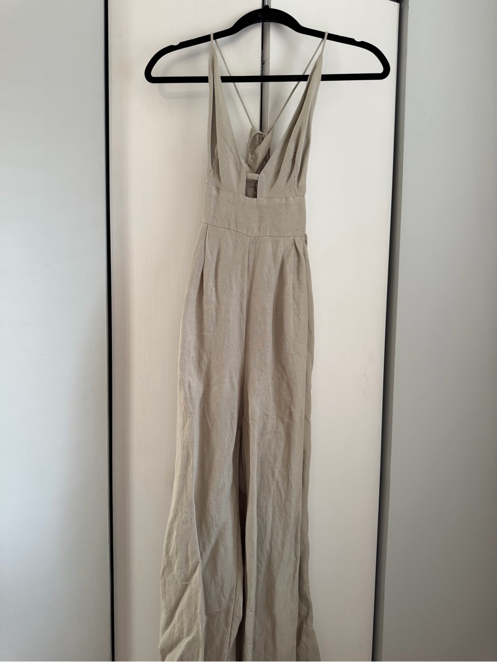 Free People Linen-Blend Beige Wide-Leg Jumpsuit with Plunging V-Neck